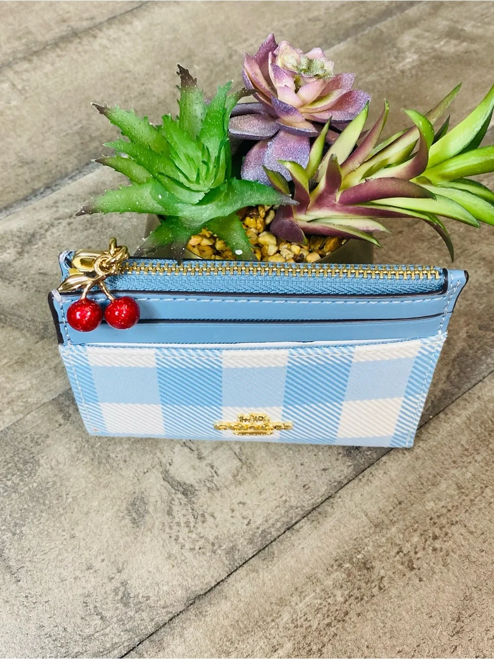COACH Mini Skinny ID Case Gingham Blue White Card Holder Wallet Cherry Charm